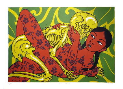 Alex Binnie: Peach Blossom. Silk screenprint on CM Fabriano 100/100 cotton. 17 3/4 x 25 1/2 (Image). c. 2000's. Edition: 3/10. Excellent condition. Alex Binnie A longtime interest in tattooing brought Alex Binnie