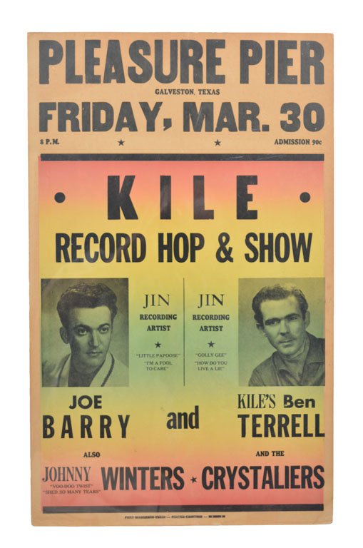 Poster: Pleasure Pier: From Johnny Winter's personal collection of posters, this 22.5" x 14" poster promotes an early gig Johnny played at the Pleasure Pier in Galveston, Texas. Headlining acts included Joe Barry, and Ben T