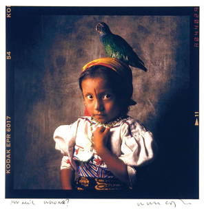 William Coupon (b. 1952): Note: Description Updated 11/23. Kuna Indian Girl. Color, c. 1980s. Pigment print. Printed later. Framed. Portrait of Kuna Indian girl with a parrot on her head. Signed, titled, and inscribed in ink t