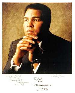 William Coupon (b. 1952): Note: Description Updated 11/21. Muhammad Ali. Color, 1991. Type "C" older print. Signed and inscribed by both Coupon in ink-"To Neil, Pray for peace"-and Muhammad Ali in ink-"To Neil from Muhammad Al