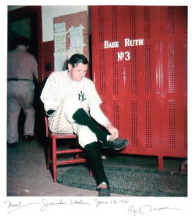 Ralph Morse (1917-2014): Note: Description Updated 11/23. Babe Ruth in Locker Room. Color, 1948. Fiber-based. Older print. Framed. Babe Ruth on his last visit to Yankee Stadium, sitting by his locker. Morse's photos are almos