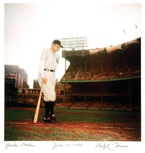 Ralph Morse (1917-2014): Note: Description Updated 11/23. Babe Ruth at Yankee Stadium. Color, 1948. Fiber-based. Older print. Framed. Babe Ruth on his last visit to Yankee Stadium, leaning on a bat on the field. Morse's photo