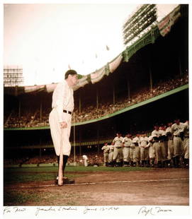 Ralph Morse (1917-2014): Note: Description Updated 11/22. Color, 1948. Older digital print. Rare color print of Babe Ruth on his last visit to Yankee Stadium, leaning on a bat on the field. Morse's photos are almost certainly