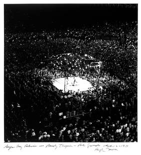 Ralph Morse (1917-2014): Note: Description Updated 11/22. Sugar Ray Robinson vs Randy Turpin. B&W, 1951. Older digital print. Aerial view of the fight between Sugar Ray Robinson and Randy Turpin, in the ring at the Polo Groun