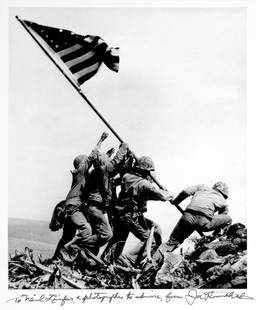 Joe Rosenthal (1911-2006): Note: Description Updated 11/22. US Marines raise flag at Iwo Jima. B&W, 1945. Fiber-based silver gelatin. Older print. Iconic photograph of U.S. Marines raising the flag at Iwo Jima. Signed and inscr