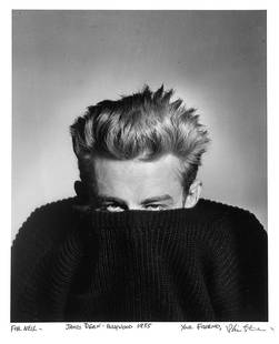 Phil Stern (1919-2014): Note: Description Updated 11/23. James Dean. B&W, 1955. Fiber-based silver gelatin. Older print. Framed. Signed, titled, and inscribed in ink to Neil Leifer by photographer, "For Neil... your friend."