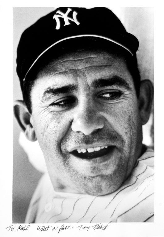 Tony Triolo: Note: Description Updated 11/22. Yogi Berra. B&W, date unknown. Fiber-based gelatin silver. Older print. Signed and inscribed in ink to Neil Leifer by photographer, "To Neil, What a face." 14 x 11in.
