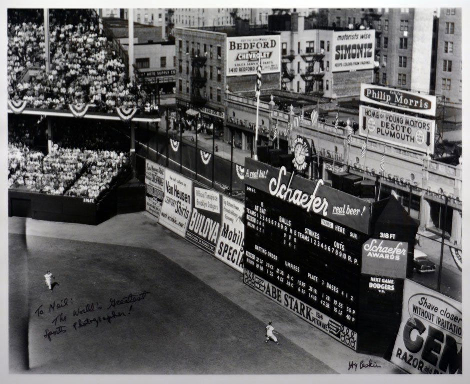 Hy Peskin (1915-2005): Note: Description Updated 11/22. 1955 World Series, Ebbets Field. B&W, 1955. Fiber-based silver gelatin. Early print. Top of the fourth inning at Ebbets Field during the fifth game of the 1955 World S
