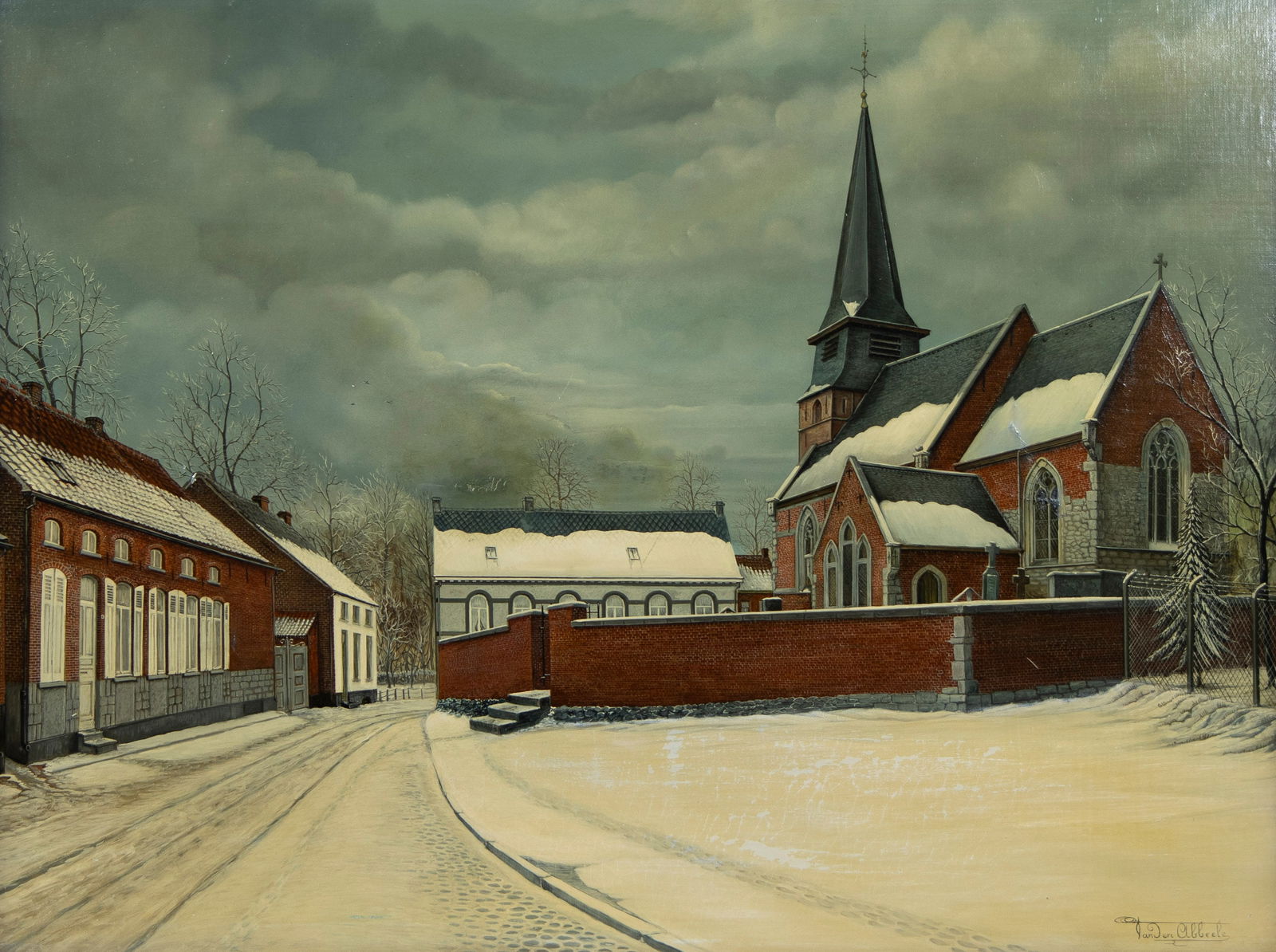 Roger VAN DEN ABBEELE (1931), oil on canvas, Winter village view, signed and in original oak frame: Roger VAN DEN ABBEELE (1931), oil on canvas, Winter village view, signed and in original oak frameRoger VAN DEN ABBEELE (1931), olie op doek, Winters dorpszicht, getekend en in originele eikenhouten k