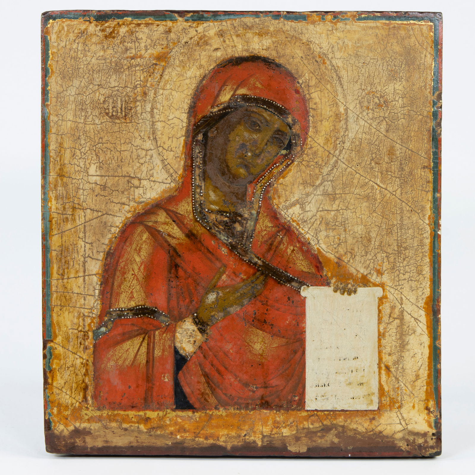 18th century Russian icon, Mother God from the Deisis, tempera technique on wood, circa 1750: 18th century Russian icon, Mother God from the Deisis, tempera technique on wood, circa 175018e eeuws Russisch ikoon, Moedergods uit de Deisis, temperatechniek op hout, circa 175036 x 32.5 x 3.8 cm wi