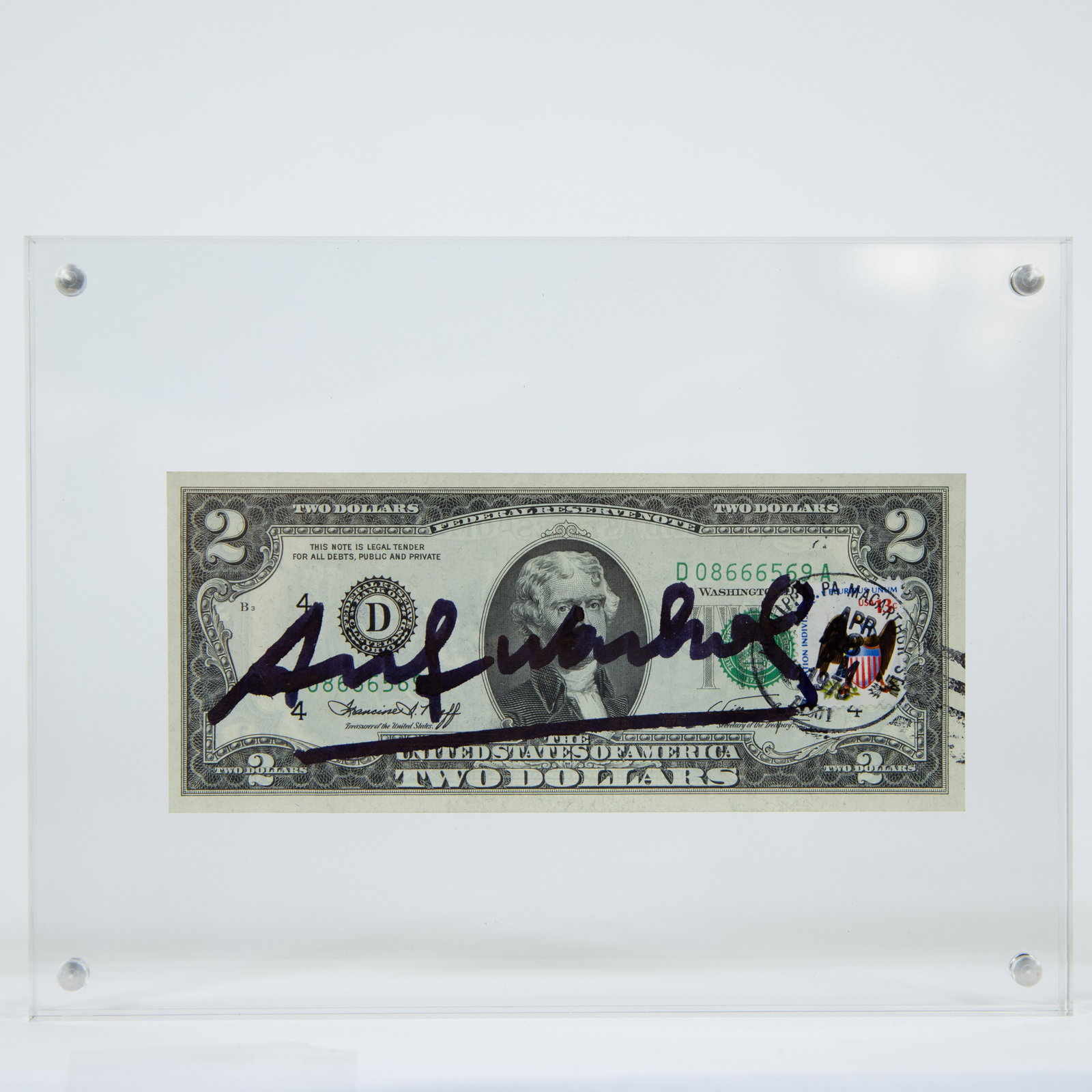 Andy Warhol: Handwritten signature in black acrylic felt pen on a 2 DOLLAR note, Serial number: (1 of 2)