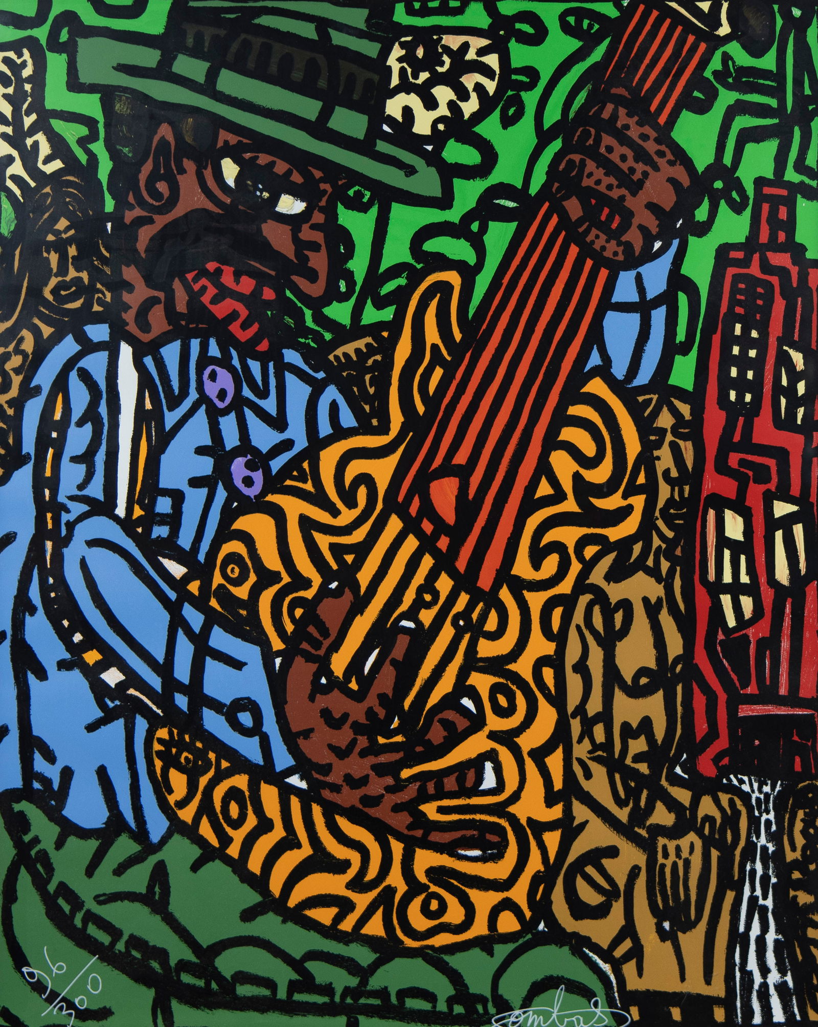 Robert COMBAS (1957), colour screenprint Guitarist, signed and numbered 96/300: Robert COMBAS (1957), colour screenprint Guitarist, signed and numbered 96/300Robert COMBAS (1957), kleurenzeefdruk Gitarist, getekend en genummerd 96/30084.5 x 68 cm