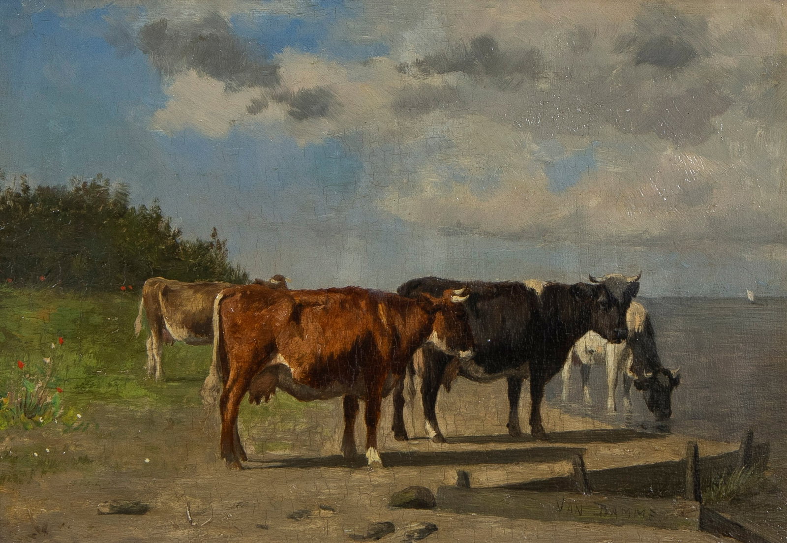 Emile VAN DAMME-SYLVA (1853-1935), oil on panel Cows by the water, signed (1 of 4)