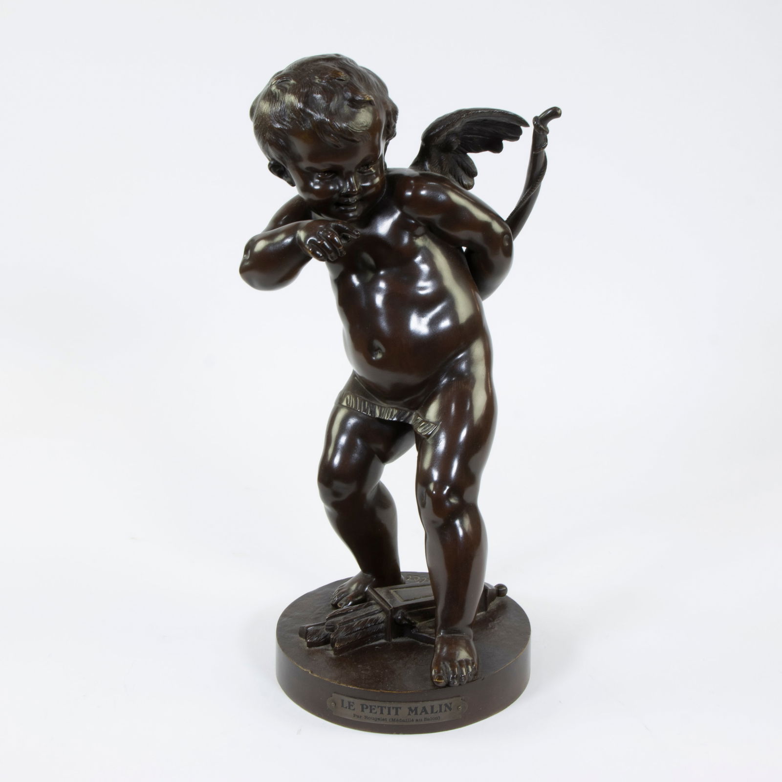 Beno t ROUGELET (1834-1894), patinated brown bronze sculpture of Cupid, signed (1 of 5)