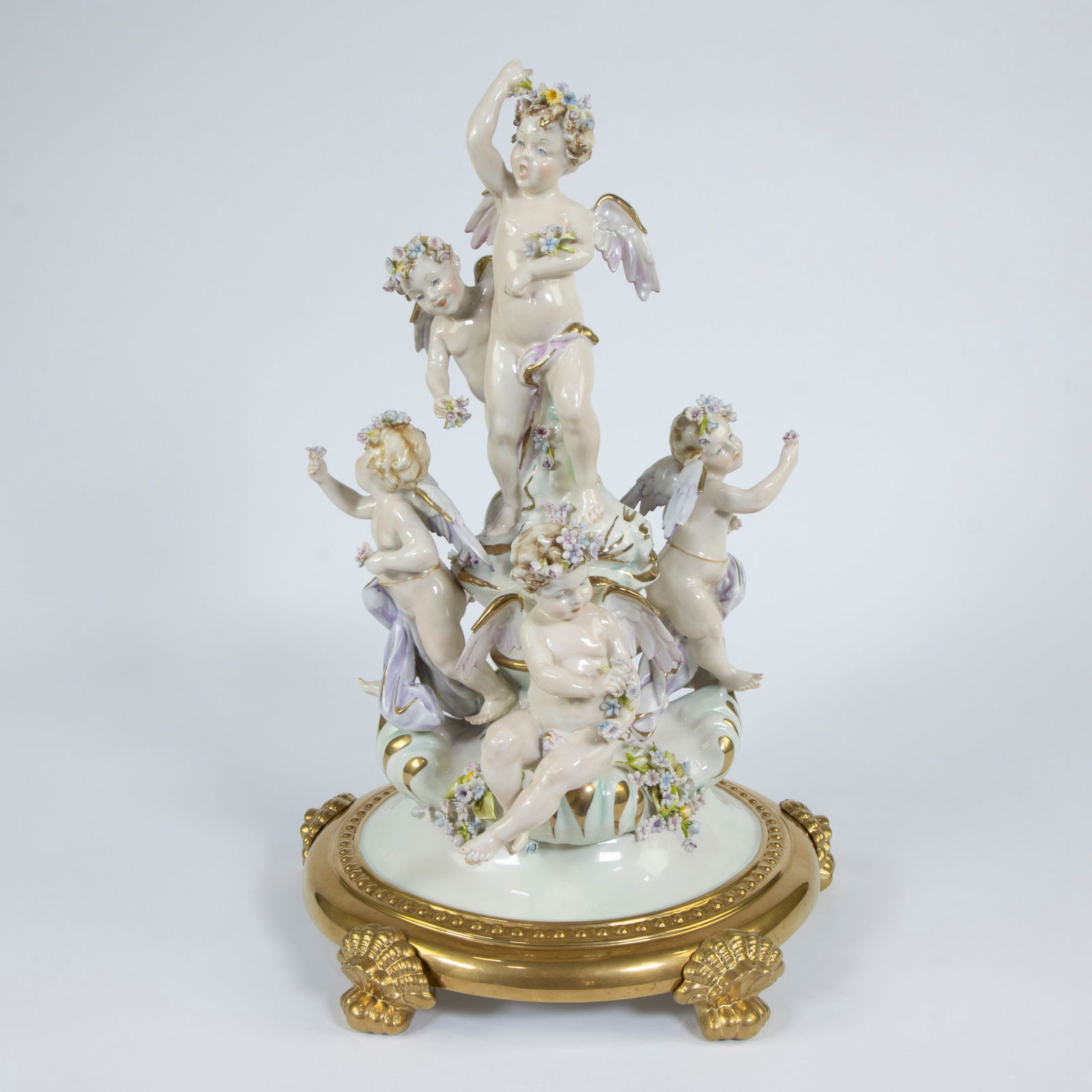 Porcelain group with putti on gilded base, Capo Di Monti, marked (1 of 5)