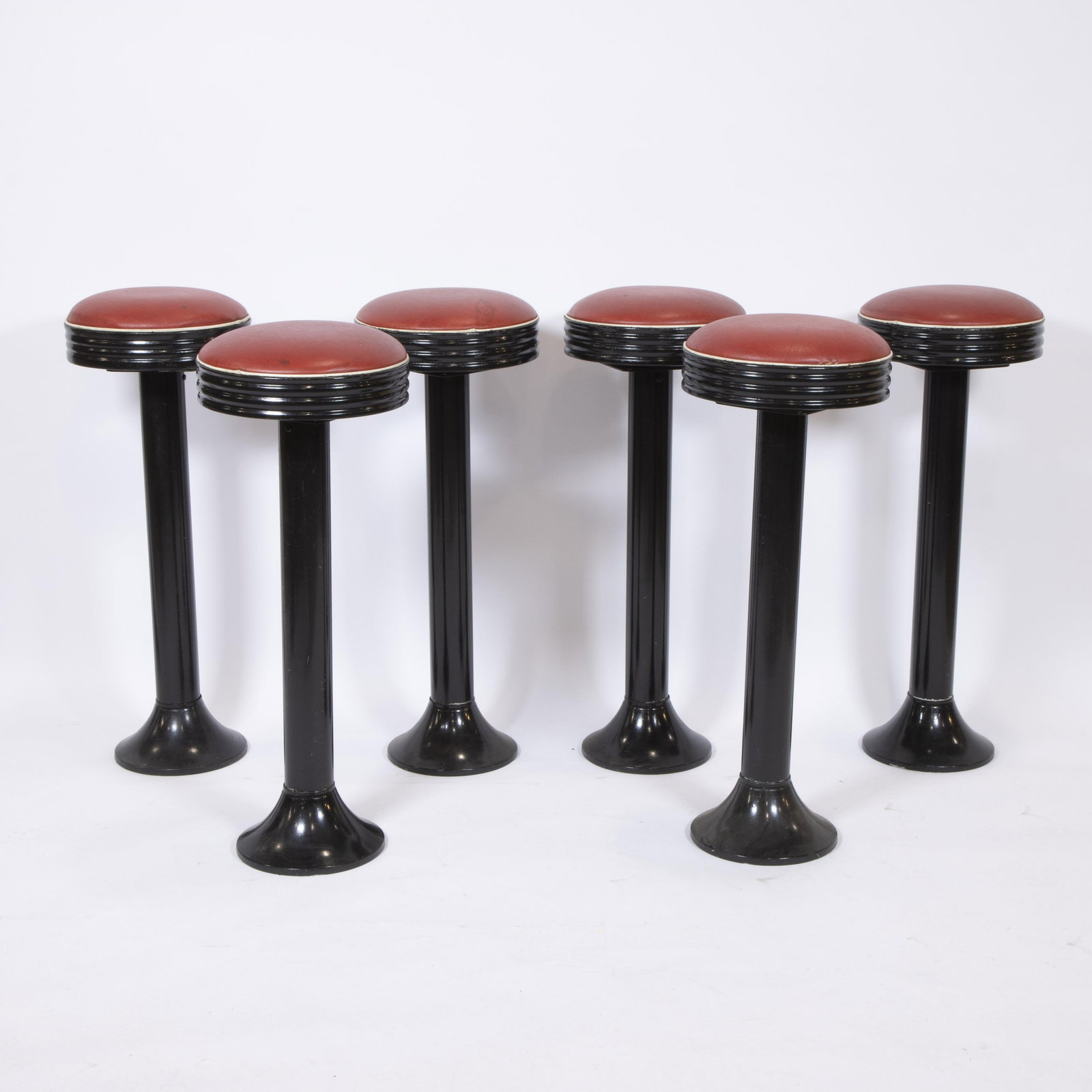 6 vintage bar stools in black lacquered metal with red skai seat (1 of 1)