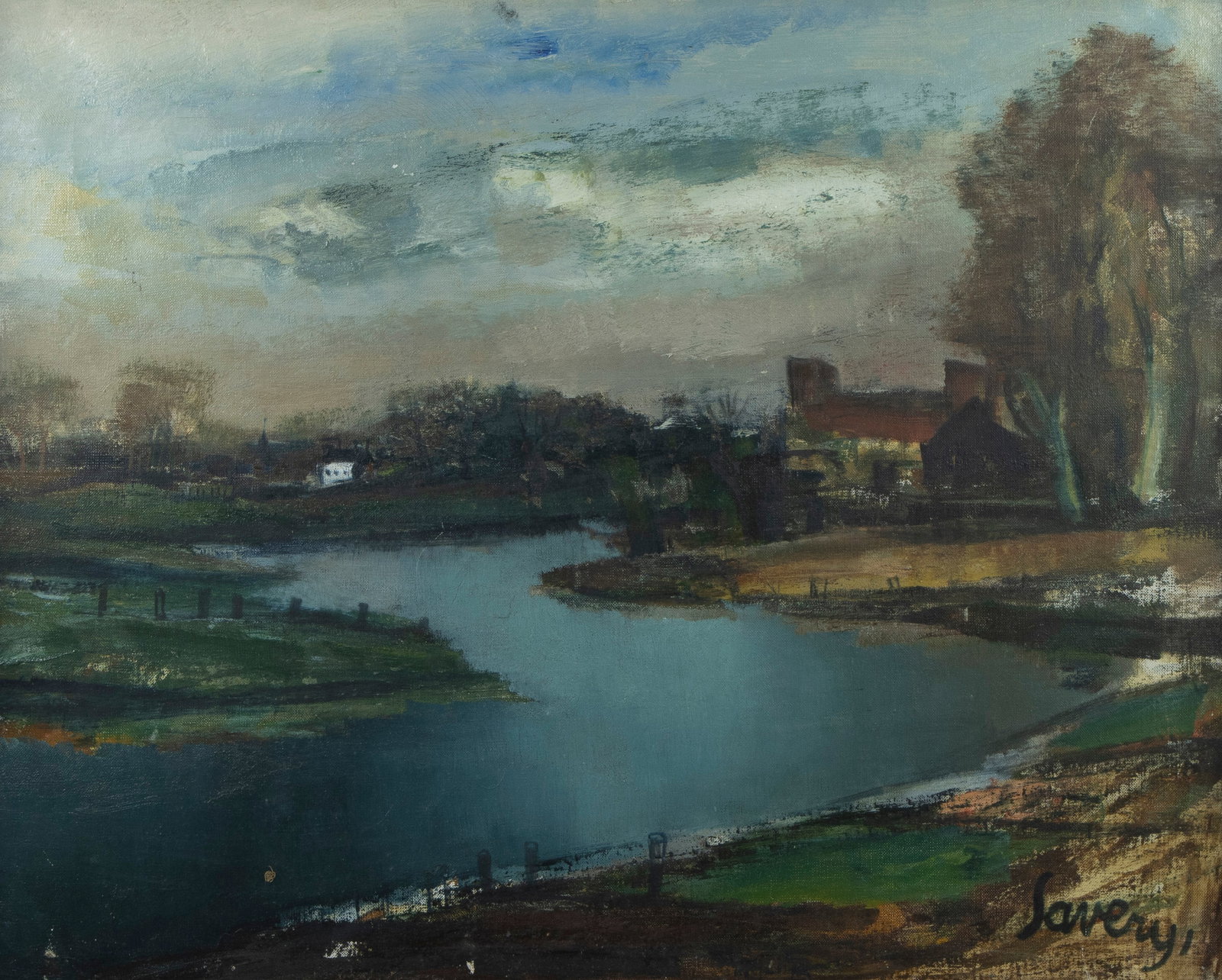 Albert SAVERYS (1886-1964), oil on canvas Leiezicht, signed and with plaque of the De Coene brothers: Albert SAVERYS (1886-1964), oil on canvas Leiezicht, signed and with plaque of the De Coene brothers (Lateur family)Albert SAVERYS (1886-1964), olie op doek Leiezicht, getekend en met gedenkplaatje va