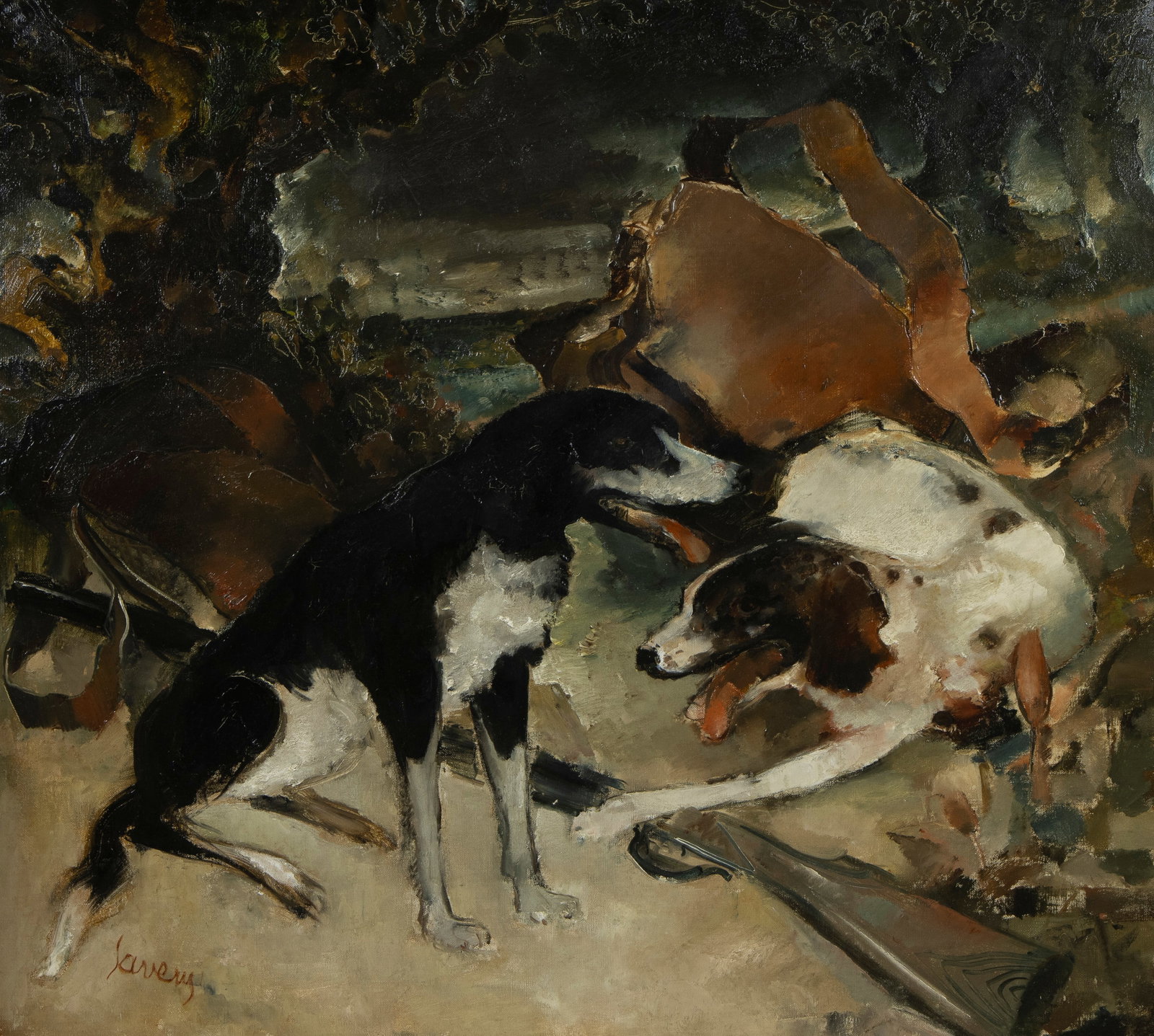 Albert SAVERYS (1886-1964), oil on canvas hunting dogs, signed: Albert SAVERYS (1886-1964), oil on canvas hunting dogs, signedAlbert SAVERYS (1886-1964), olie op doek jachthonden, getekend101 x 112 cm