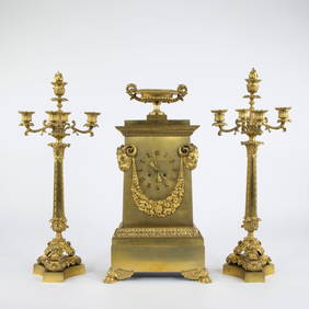 French 19th century Empire style clock set, gilt bronze decorated with rams' heads, floral garlands (1 of 4)