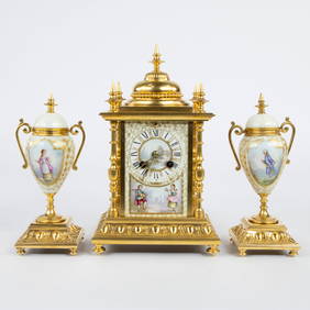 Three-piece mantelpiece set in gilt bronze, richly decorated with hand-painted S?vres porcelain in (1 of 6)