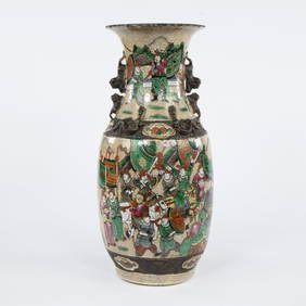 Chinese Nankin famille rose vase with crackle glaze, multi-coloured painting of court and battle (1 of 6)