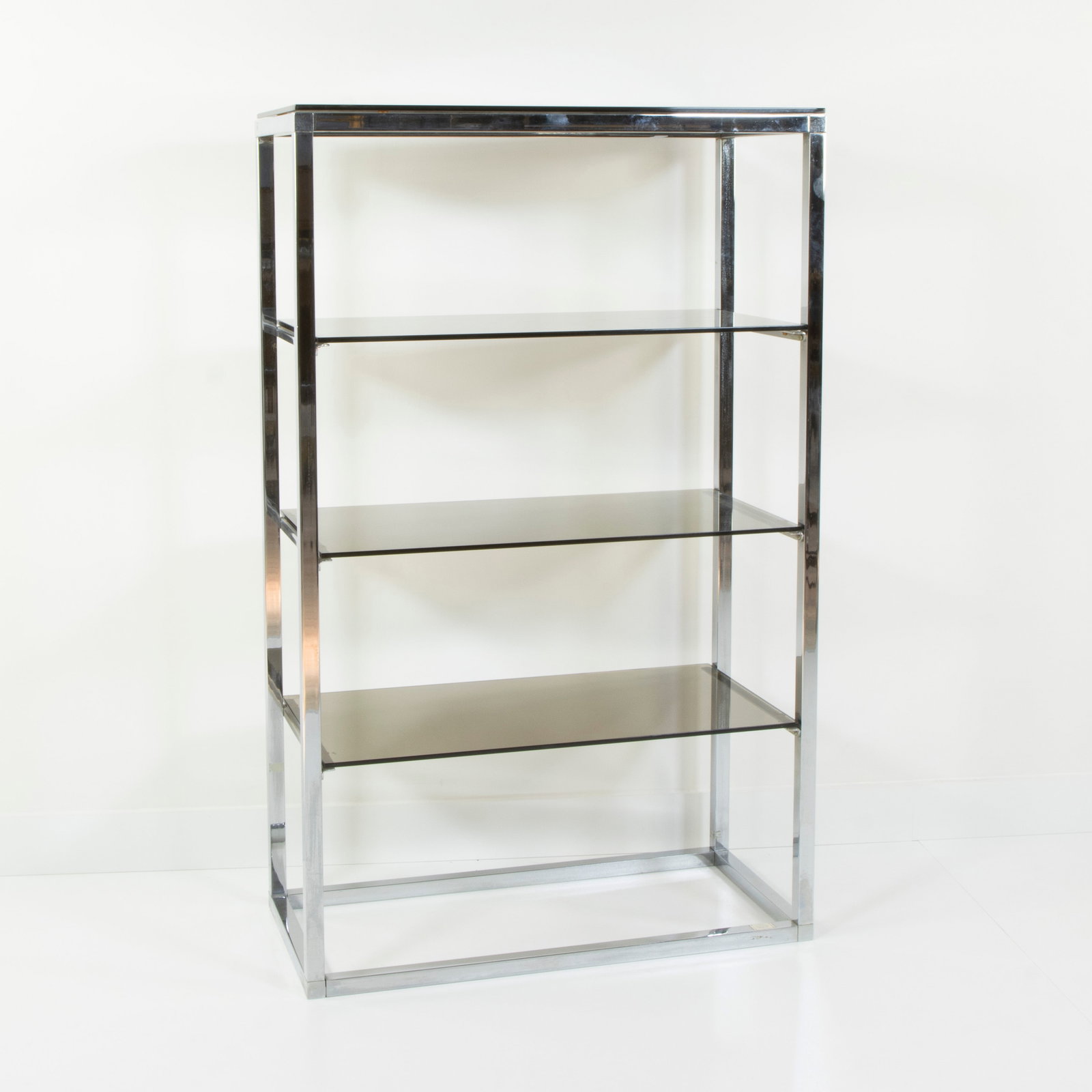 Modernist bookshelf in chromed metal and smoked glass shelves, West Germany, with label, period (1 of 2)