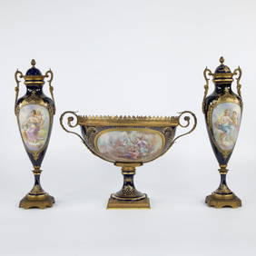 French three-part decorative garniture in Sevres style, consisting of two amphora vases and a (1 of 10)