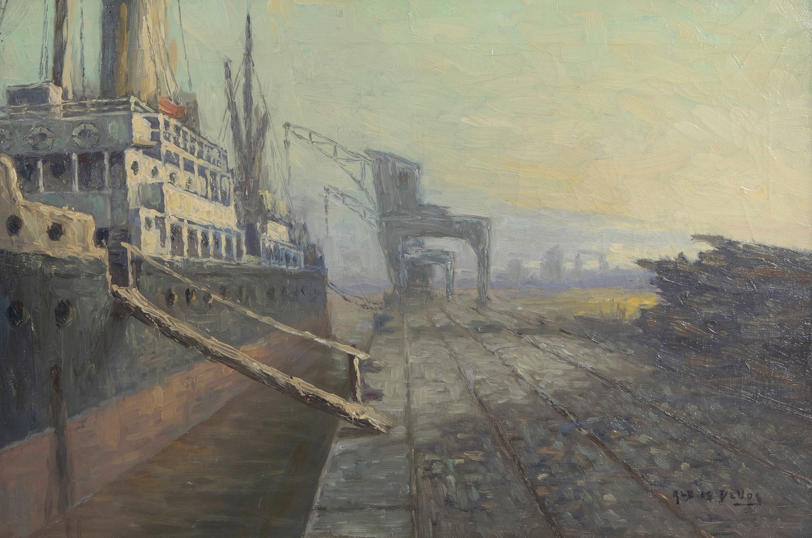 Albert Isidore DEVOS (1868-1950), oil on canvas Ship at the quay Voorhaven Ghent, signed: Albert Isidore DEVOS (1868-1950), oil on canvas Ship at the quay Voorhaven Ghent, signedAlbert Isidore DEVOS (1868-1950), olie op doek ?Schip aan de kade in Voorhaven Gent?, getekend40 x 60 cm