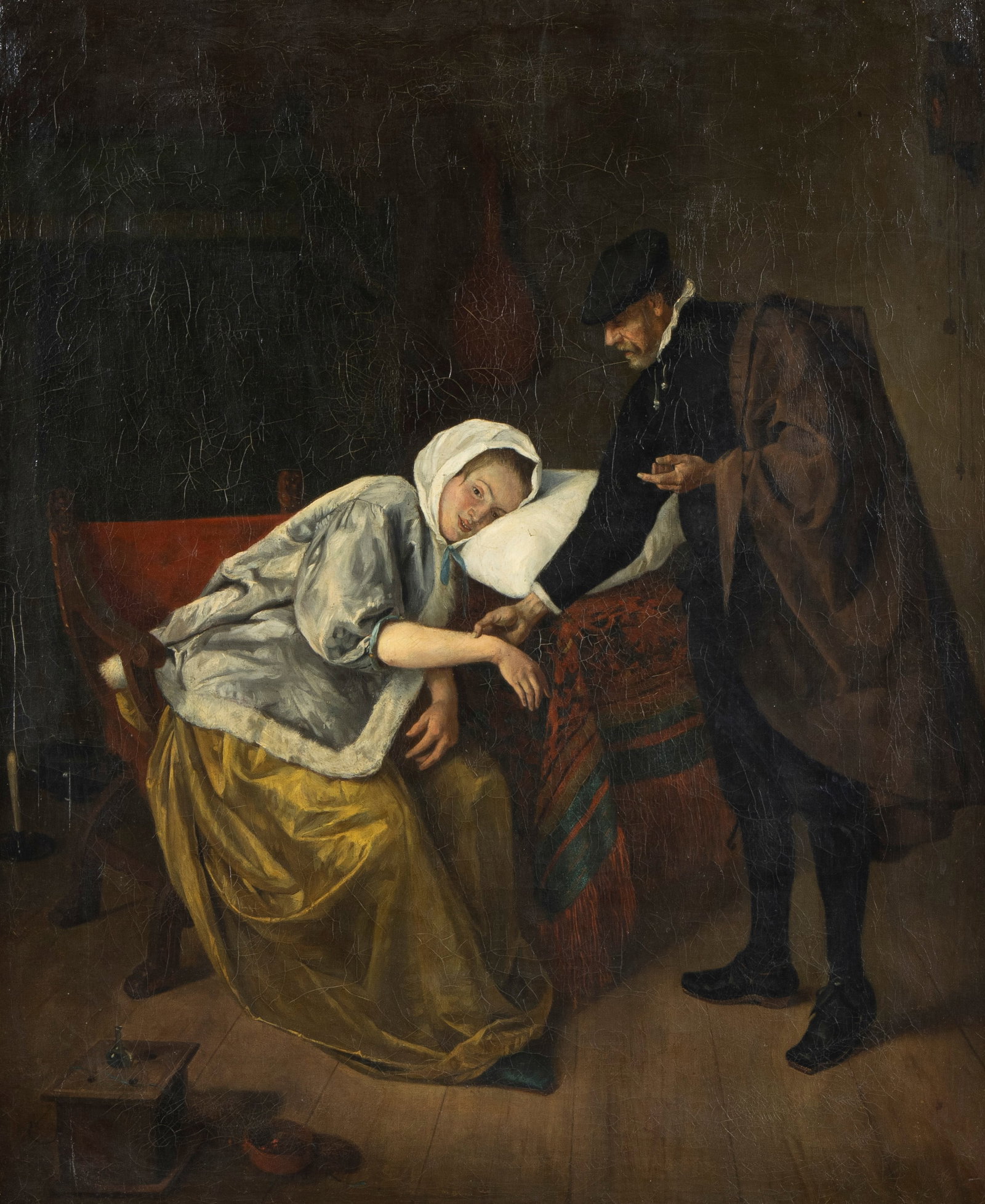 19th century oil on canvas ?The doctor and his patient?, copy after the work of Jan Steen: 19th century oil on canvas The doctor and his patient, copy after the work of Jan Steen (1626-1679)73 x 59 cm