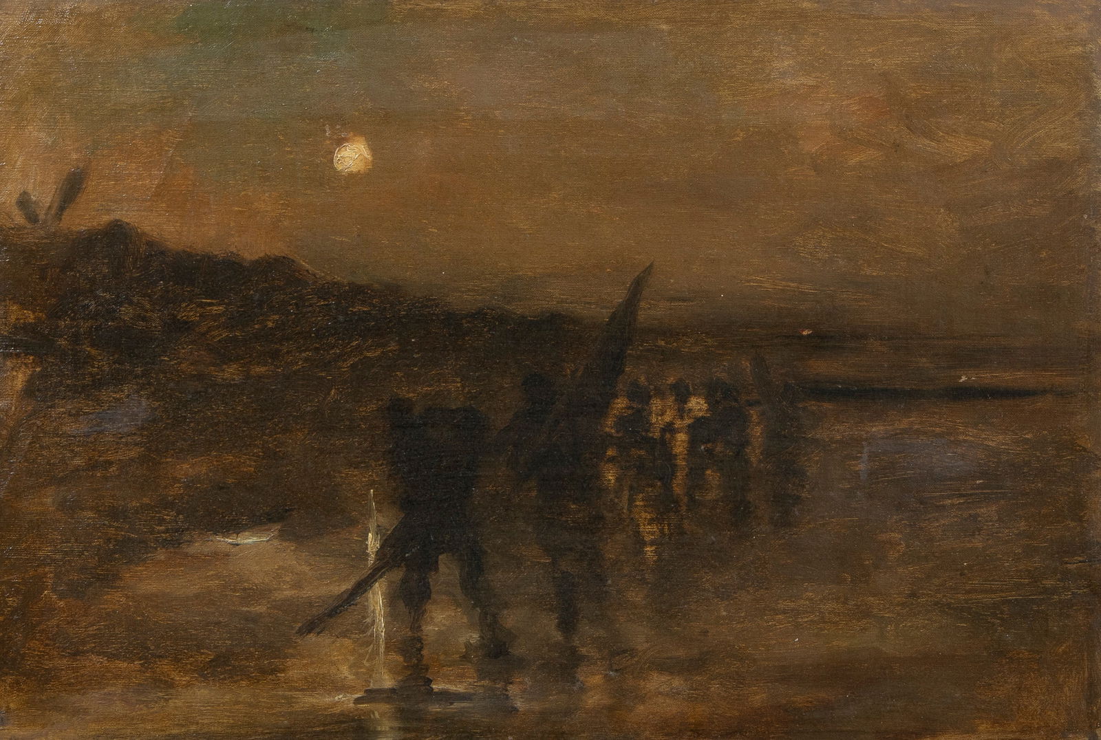 Constantin MEUNIER (1831-1905), oil on panel ?Crawler Fishers, Returning to the Light of the Moon?,: Constantin MEUNIER (1831-1905), oil on panel ?Crawler Fishers, Returning to the Light of the Moon?, signedConstantin MEUNIER (1831-1905), olie op paneel ?P?cheurs de crevettes, retour au clair de lune