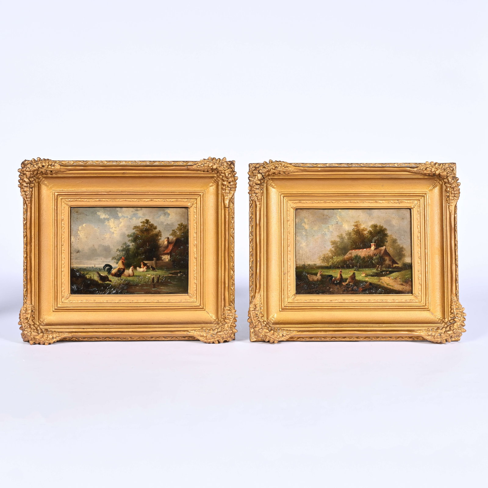 Auguste COOMANS (act.1855-1896), a pendant of 2 oil works on wood Chickens and rooster in the yard,: Auguste COOMANS (act.1855-1896), a pendant of 2 oil works on wood Chickens and rooster in the yard, signedAuguste COOMANS (act.1855-1896), een pendant van 2 olieverf werken op hout Kippen en haan op h