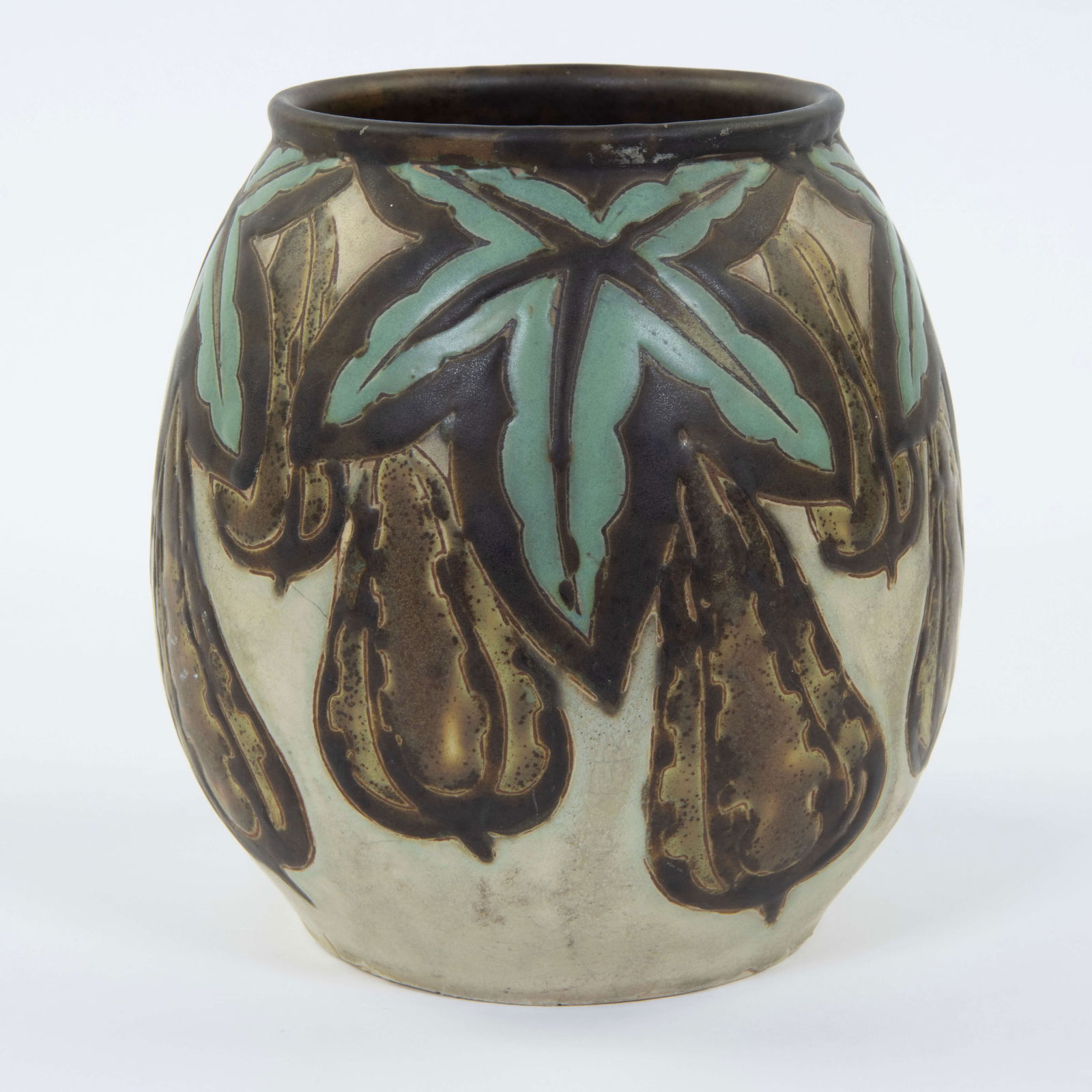 Charles Catteau gres vase with a colourful motif of leaves and hanging fruit, marked Keramis: Charles Catteau gres vase with a colourful motif of leaves and hanging fruit, marked Keramis Belgium, Gres Keramis, D.1224, 1927Charles Catteau gres vaas met een kleurrijk motief van bladeren en hange