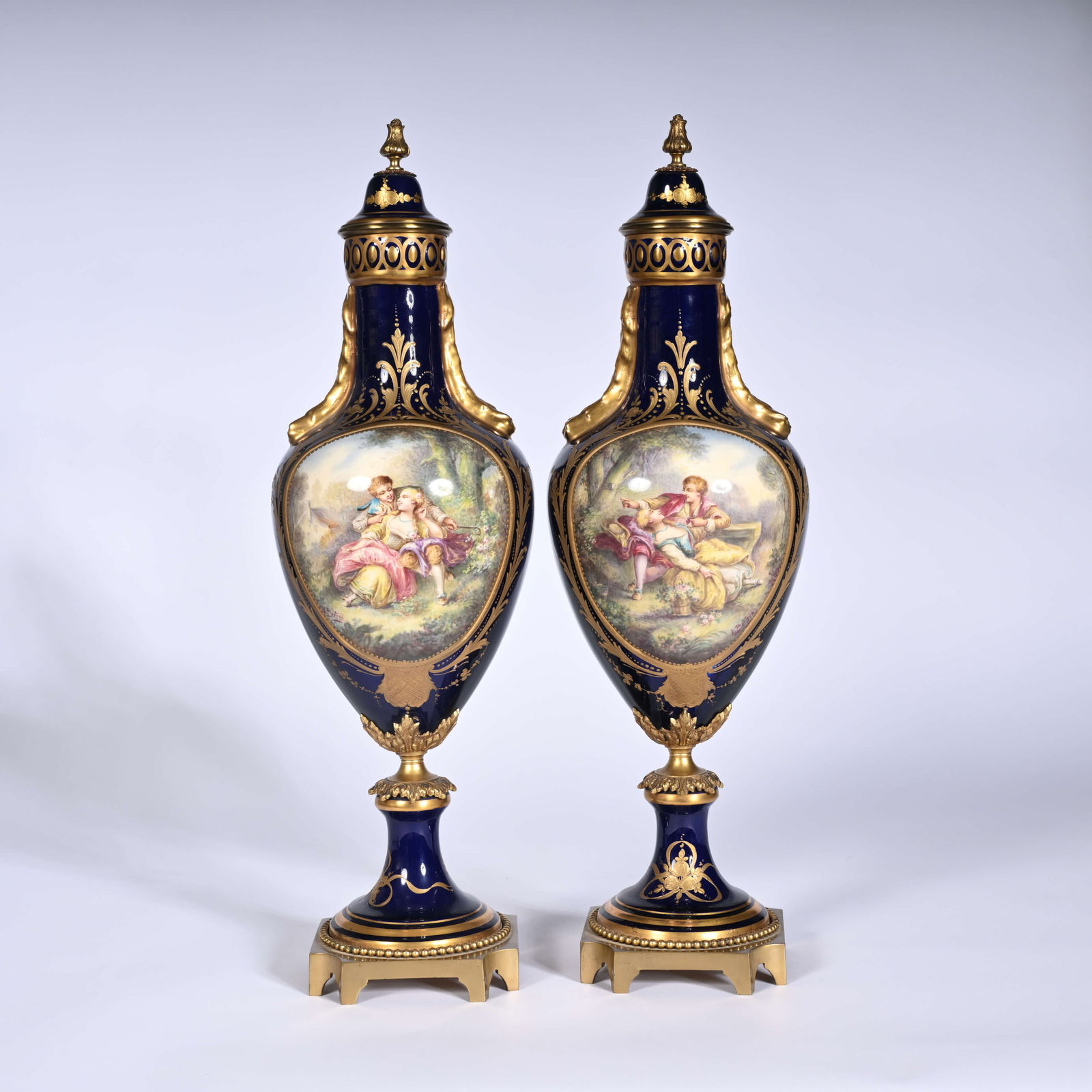 Pair of large Sevres cobalt blue porcelain vases with gilt bronze mounts, hand-painted medallions (1 of 10)