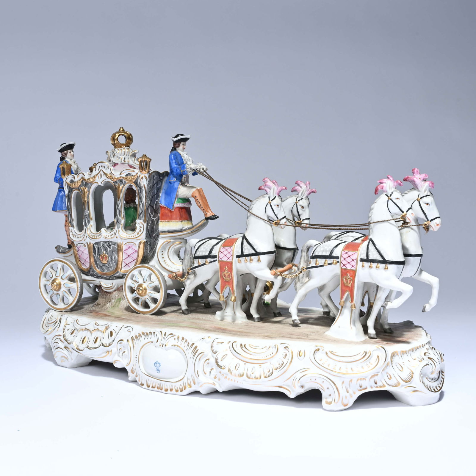 Porcelain group marked Sitzendorf, depicting a richly decorated carriage with carriage, horses and (1 of 8)