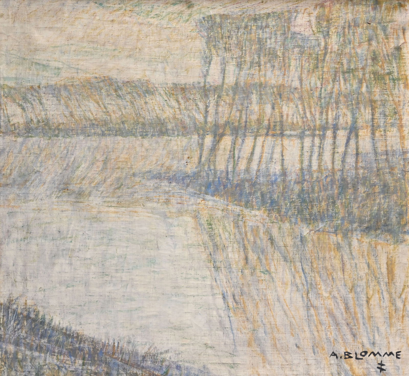 Alfons BLOMME (1889-1979), oil on canvas River view with row of trees, signed (1 of 7)