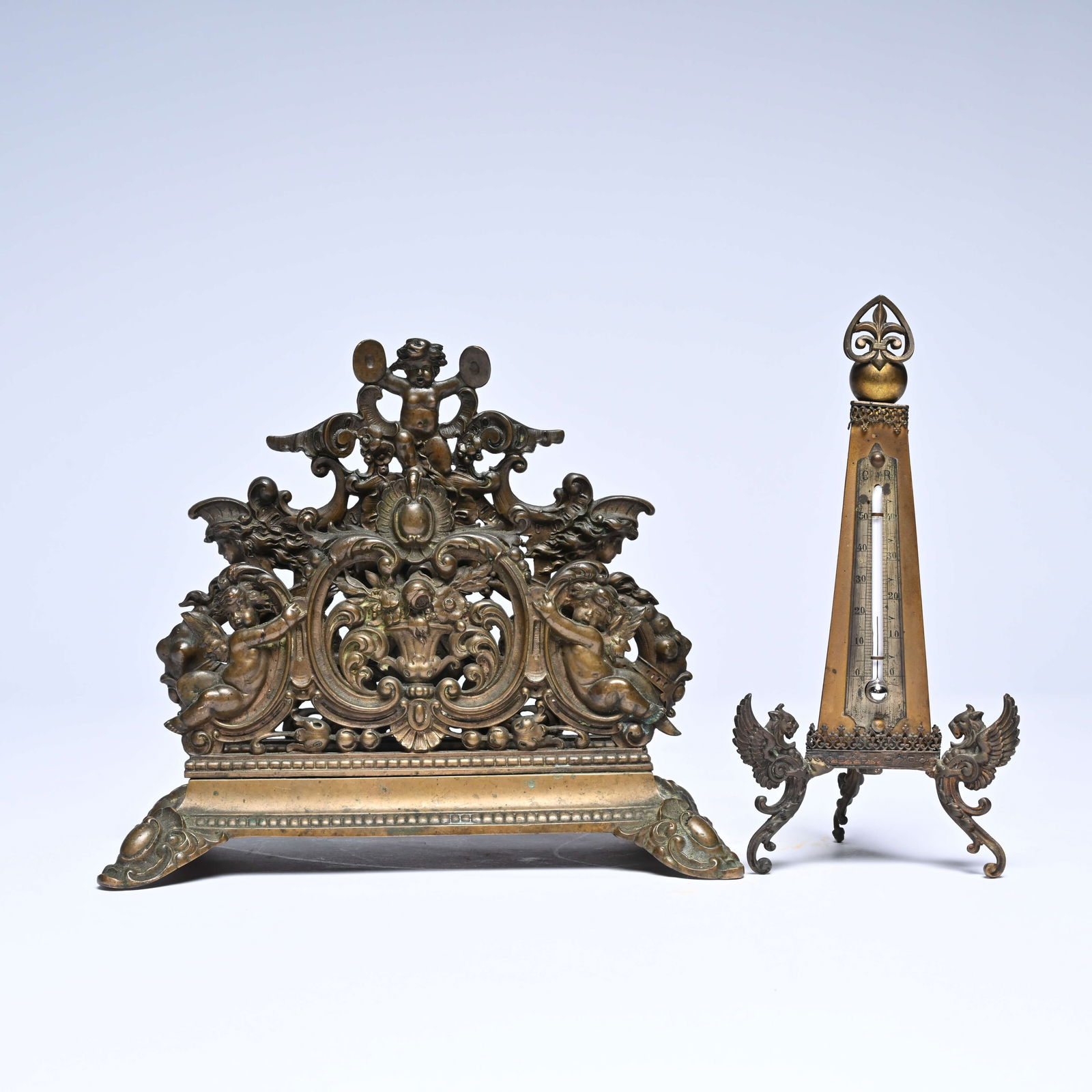 A richly decorated Neo-Renaissance letter holder decorated with putti and a thermometer in the shape (1 of 5)