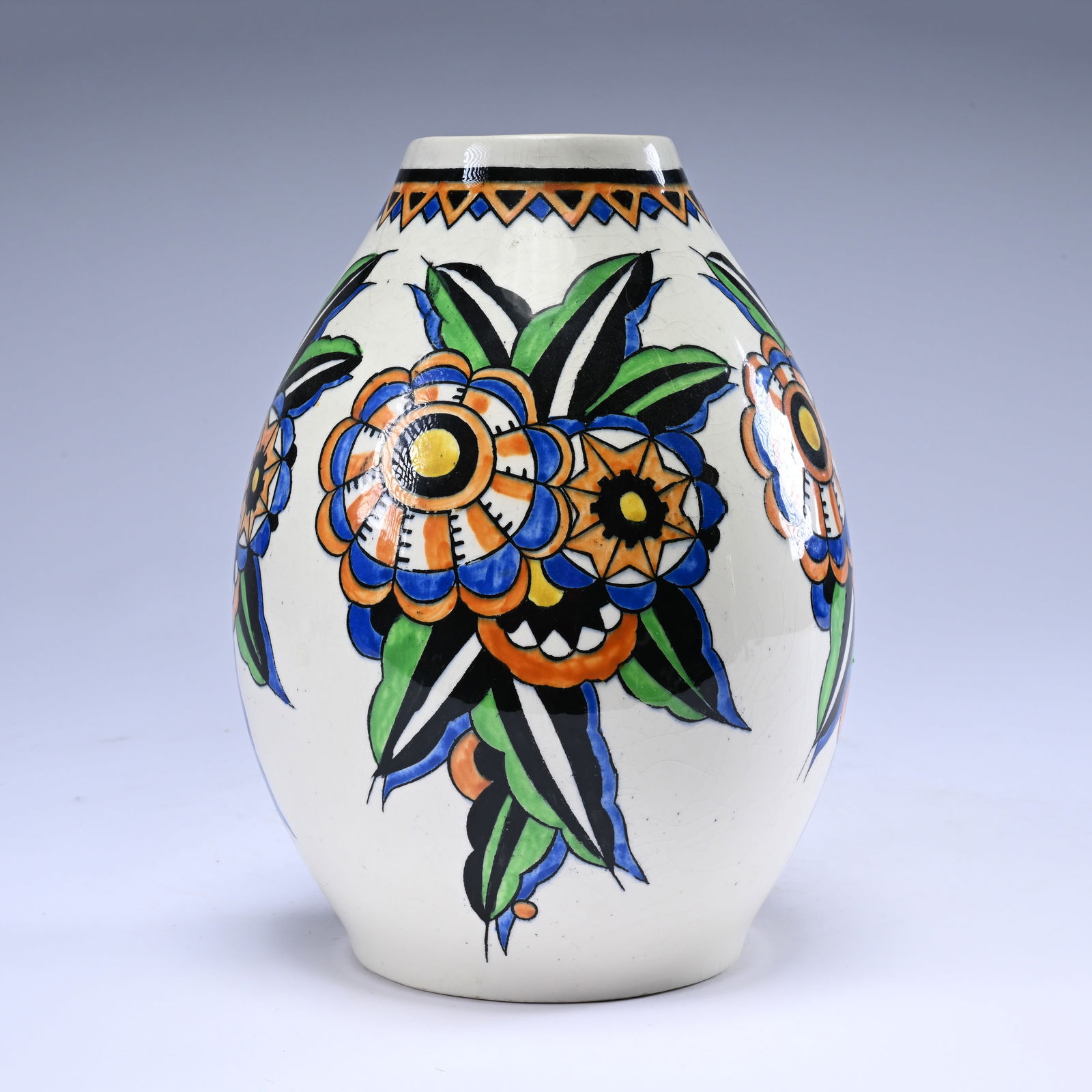 Charles CATTEAU (1880-1966), KERAMIS BOCH, Art Deco vase with floral decoration, D.1199 (and nr 8 in: Charles CATTEAU (1880-1966), KERAMIS BOCH, Art Deco vase with floral decoration, D.1199 (and nr 8 in black)Charles CATTEAU (1880-1966), KERAMIS BOCH, Art Deco vaas met bloemendecor, D.1199 (en nr 8 in