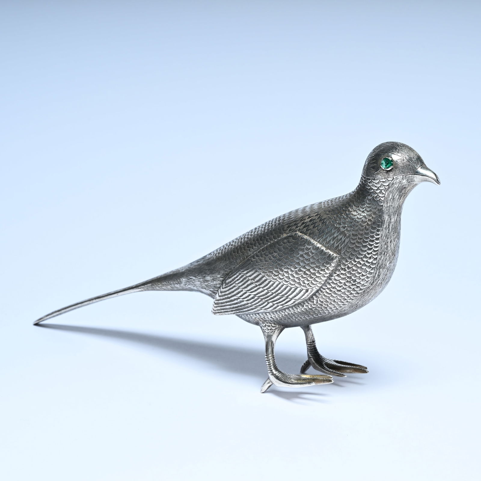 Silver bird with very finely engraved feather pattern with emerald glass eyes, Middle East, 19th (1 of 9)