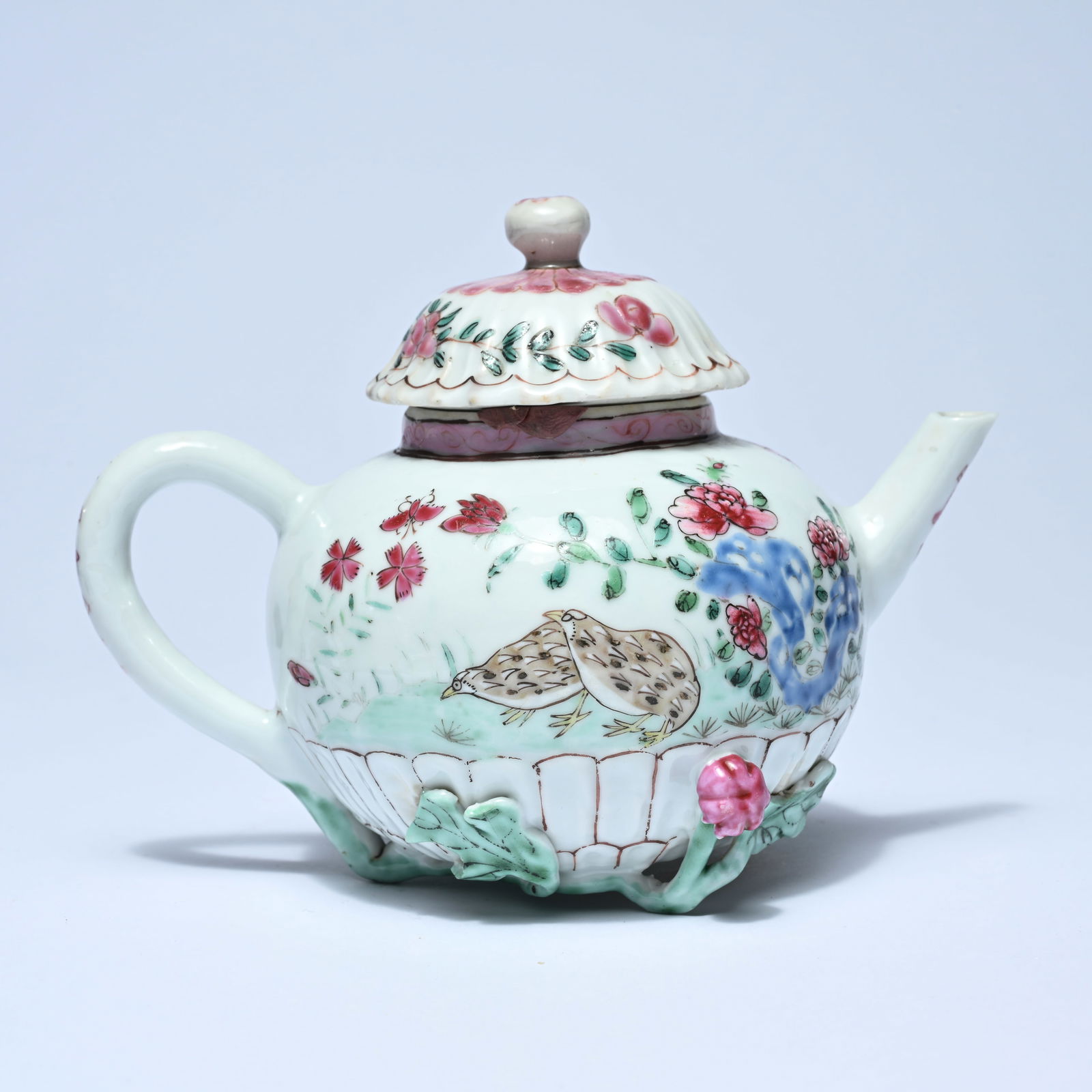 Chinese porcelain famille rose teapot, polychrome, decorated with quails, peonies, and flowering (1 of 8)