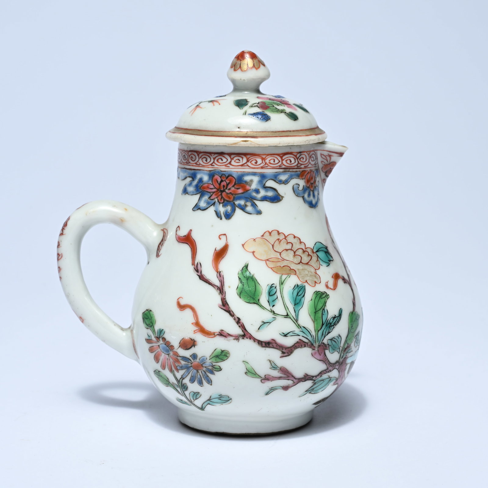 Chinese porcelain milk jug with polychrome decoration of a rooster and flowering branches, 18th (1 of 6)