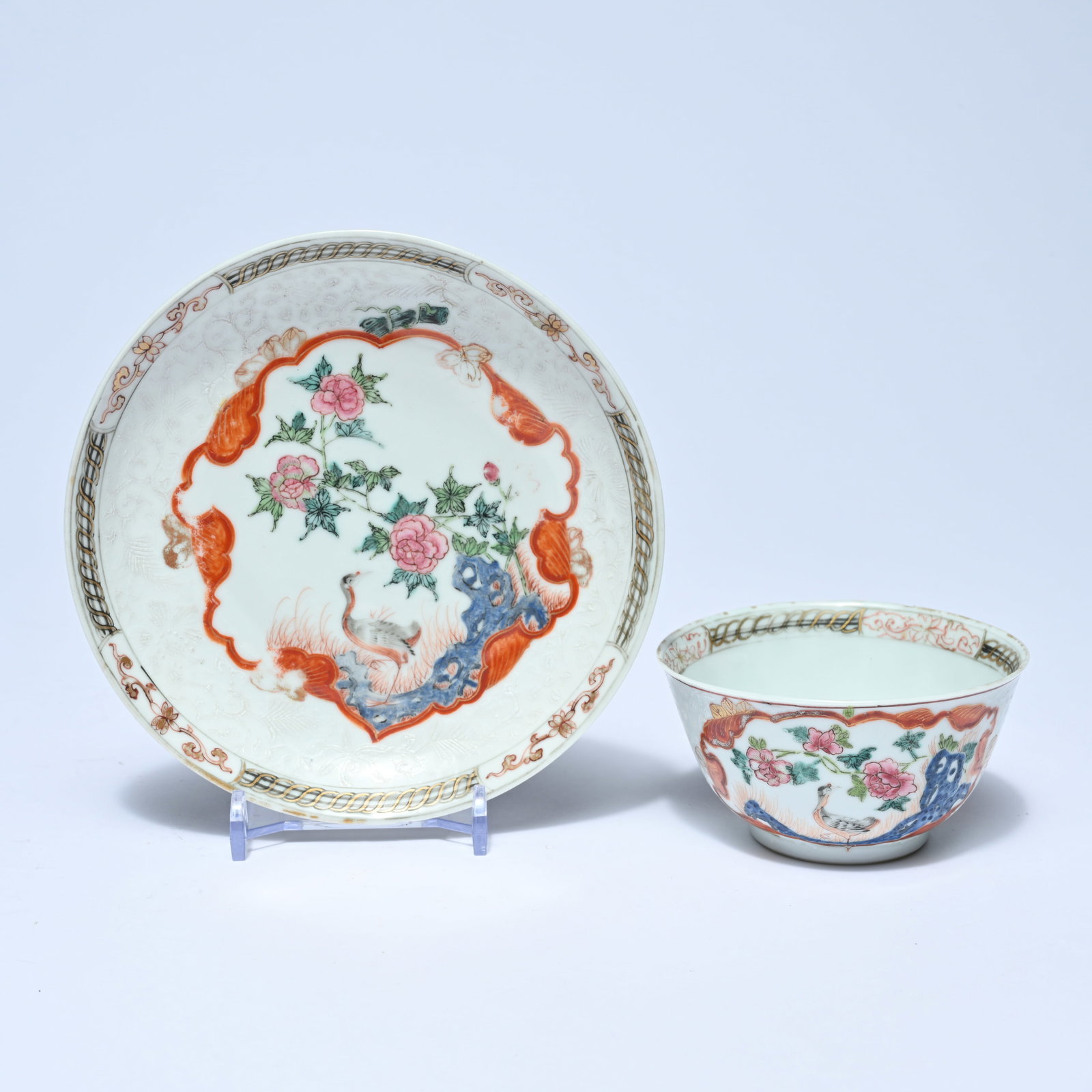 Chinese famille rose bowl and saucer, finely enameled decoration of a crane and peonies, 18th (1 of 9)