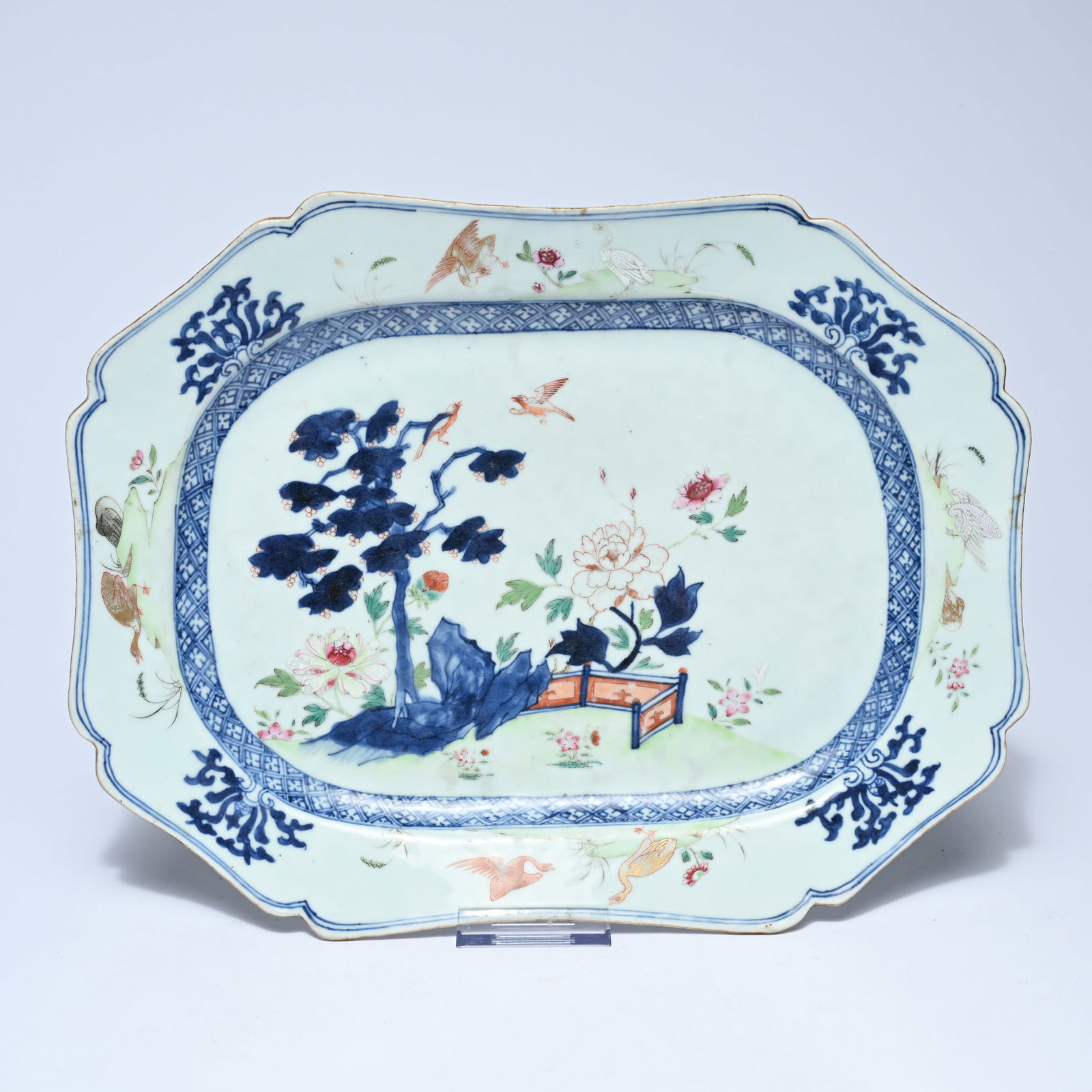 Chinese famille rose porcelain serving dish decorated with a tree, flowers and birds, 18th century, (1 of 2)