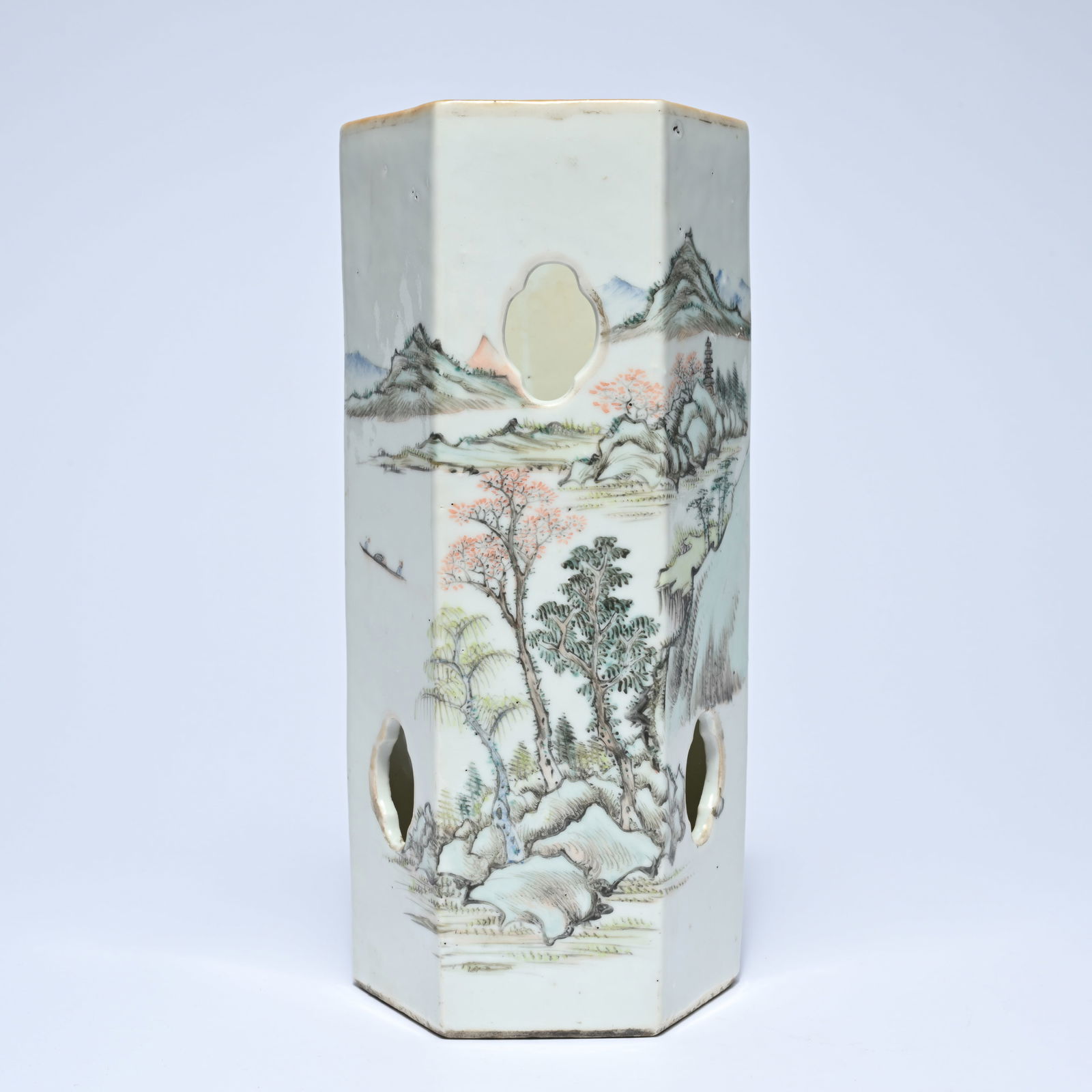 Chinese hexagonal porcelain hat stand decorated with a landscape painting, circa 1900 (1 of 7)