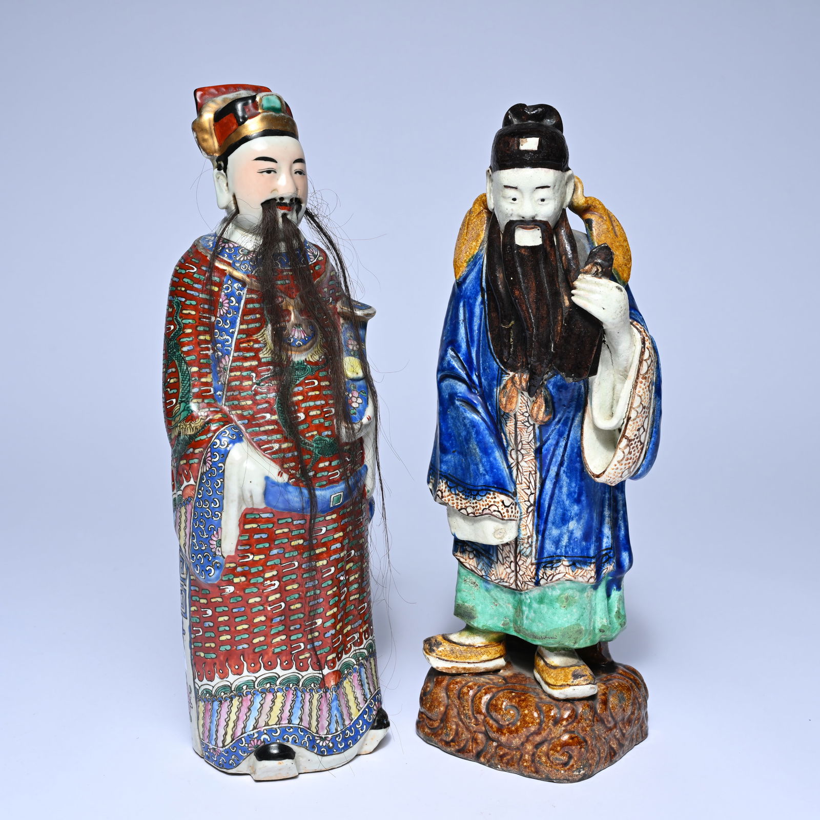 Pair of polychrome painted Chinese porcelain figures, depicting two standing dignitaries, early 20th (1 of 7)