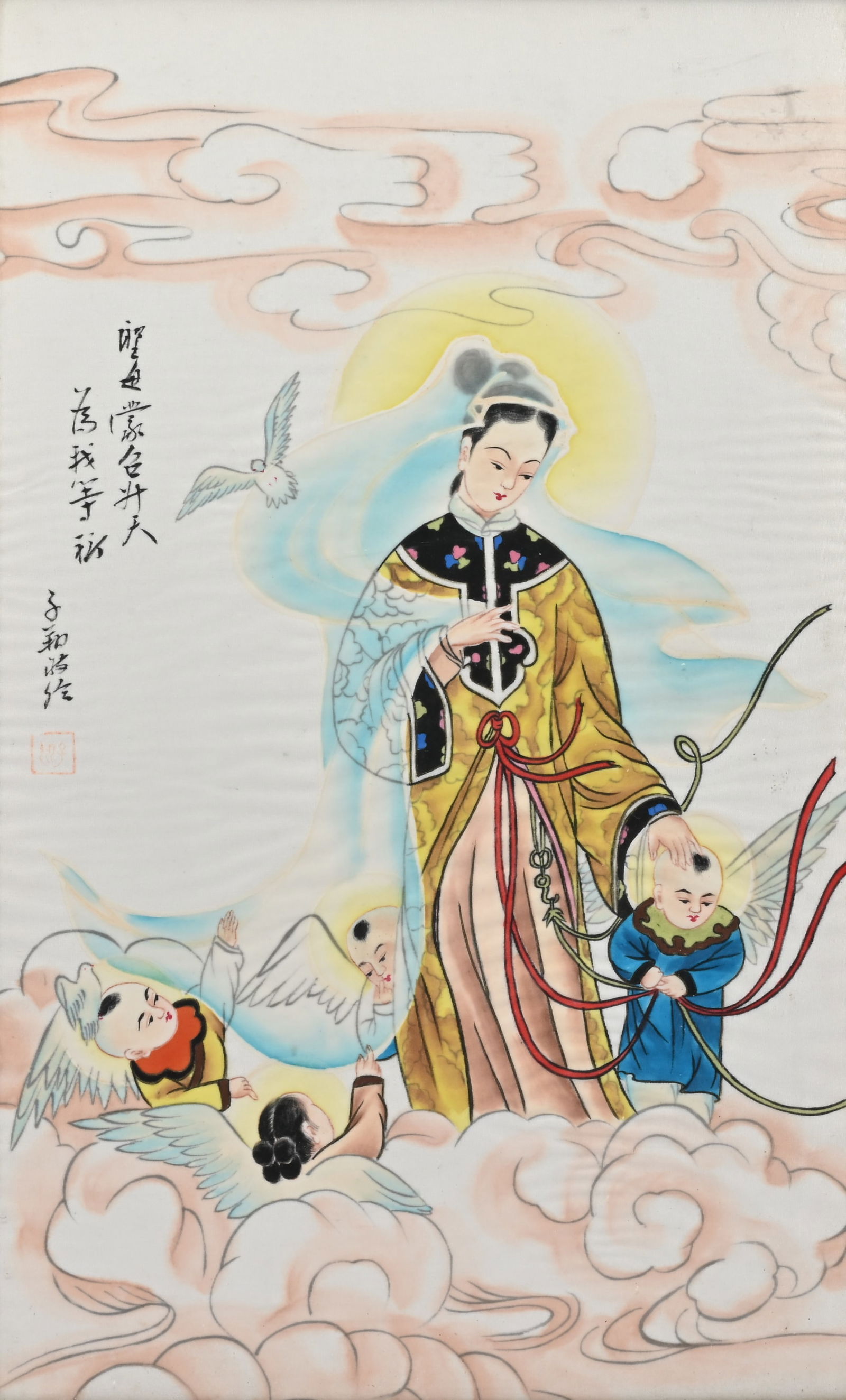 Chinese drawing and watercolour on silk, signed, religious depiction of the only female immortal, He (1 of 7)