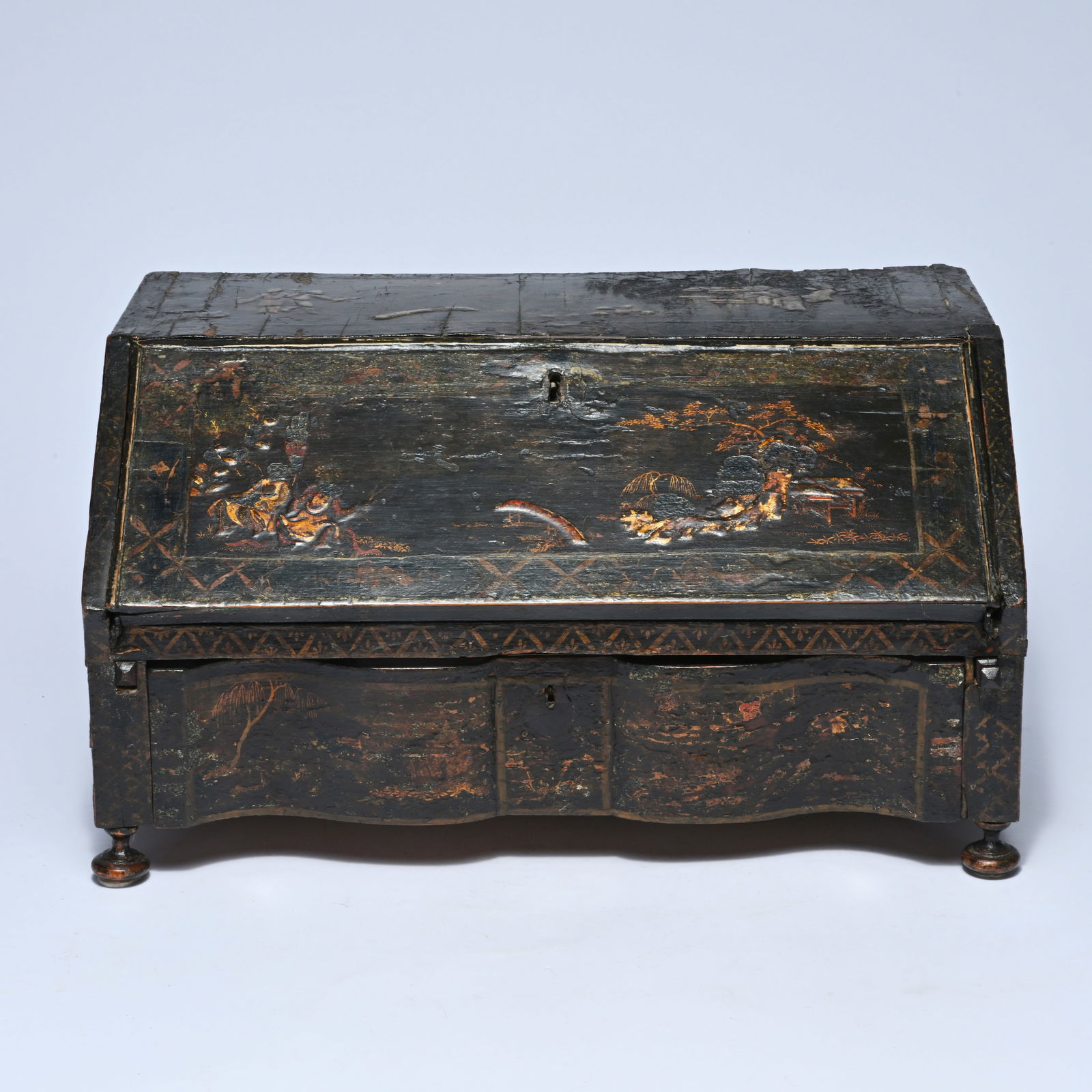 Wooden writing case with flap, drawers and pen compartments, with hand-painted Japanese floral (1 of 5)