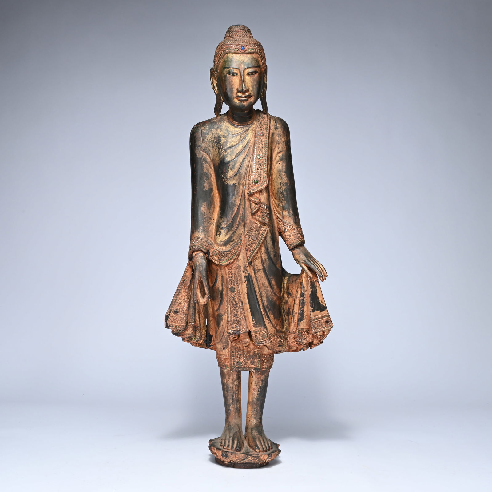 Wooden polychrome Burmese Mandalay Buddha, 20th century (1 of 4)