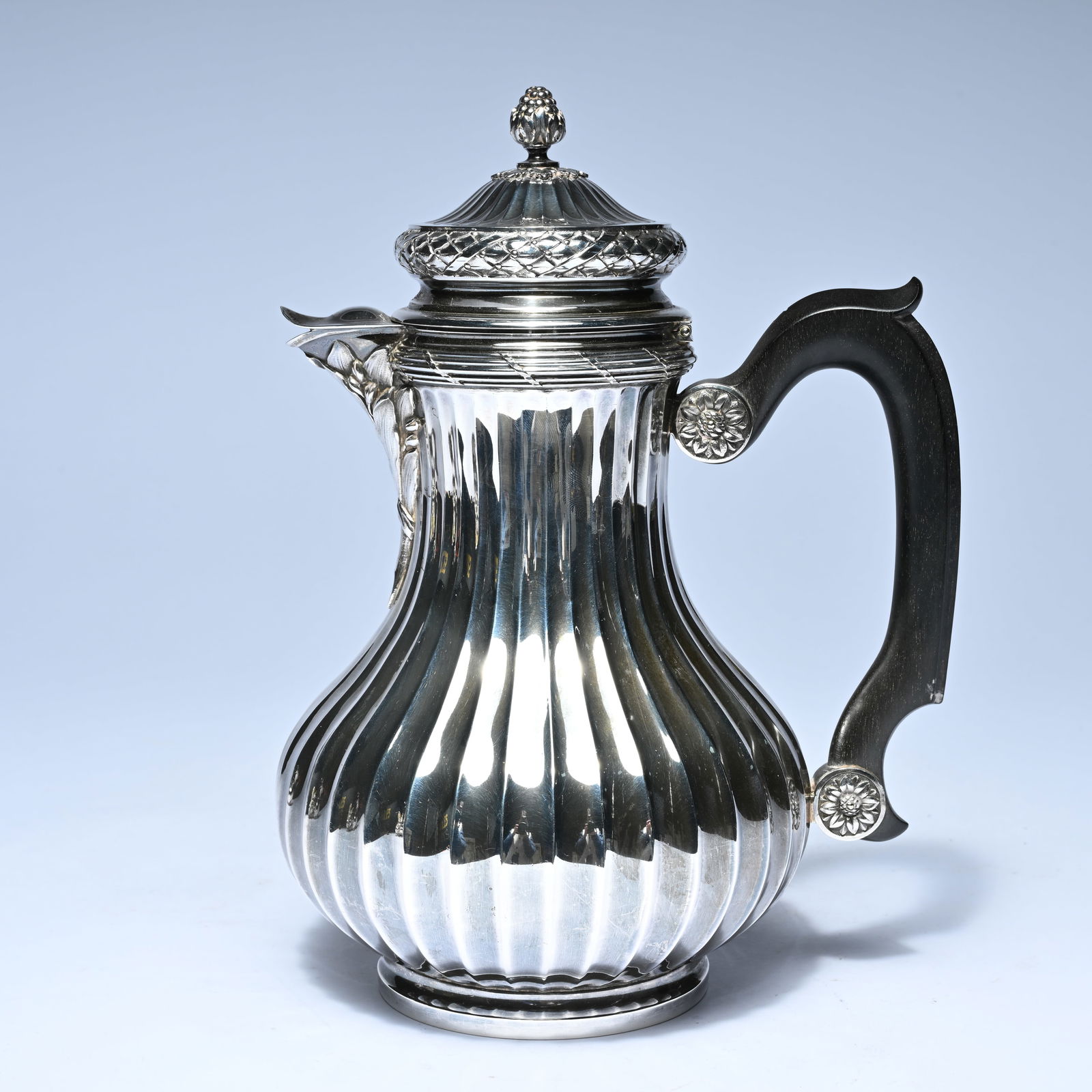 Silver Minerve coffee pot, with an elegant, pear-shaped bowl featuring vertical fluting, a profiled (1 of 7)