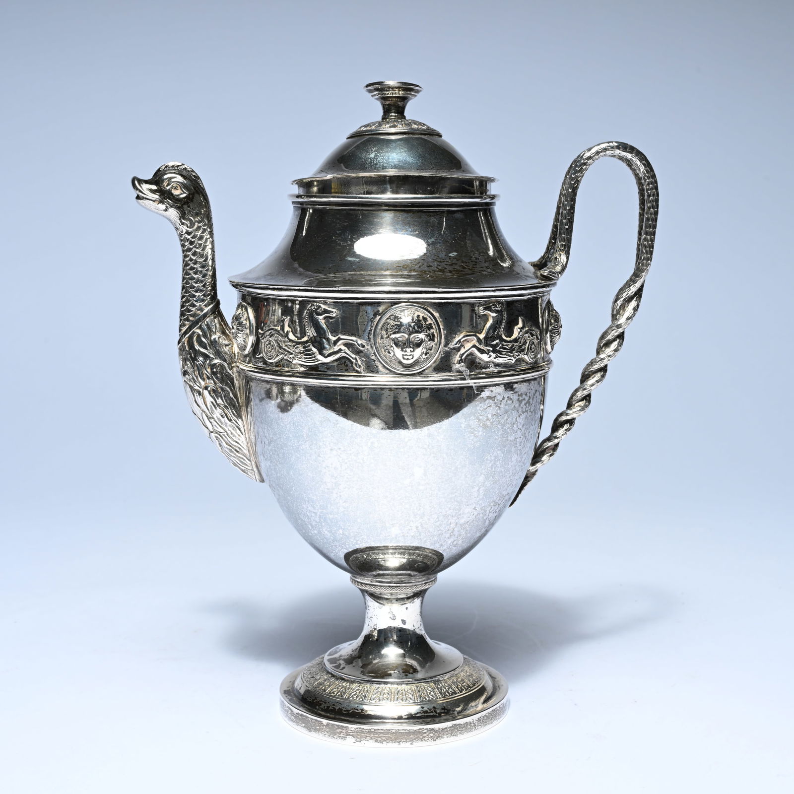 Silver coffee pot with hammered spout in the shape of a swan's neck and twisted and hammered handle, (1 of 9)