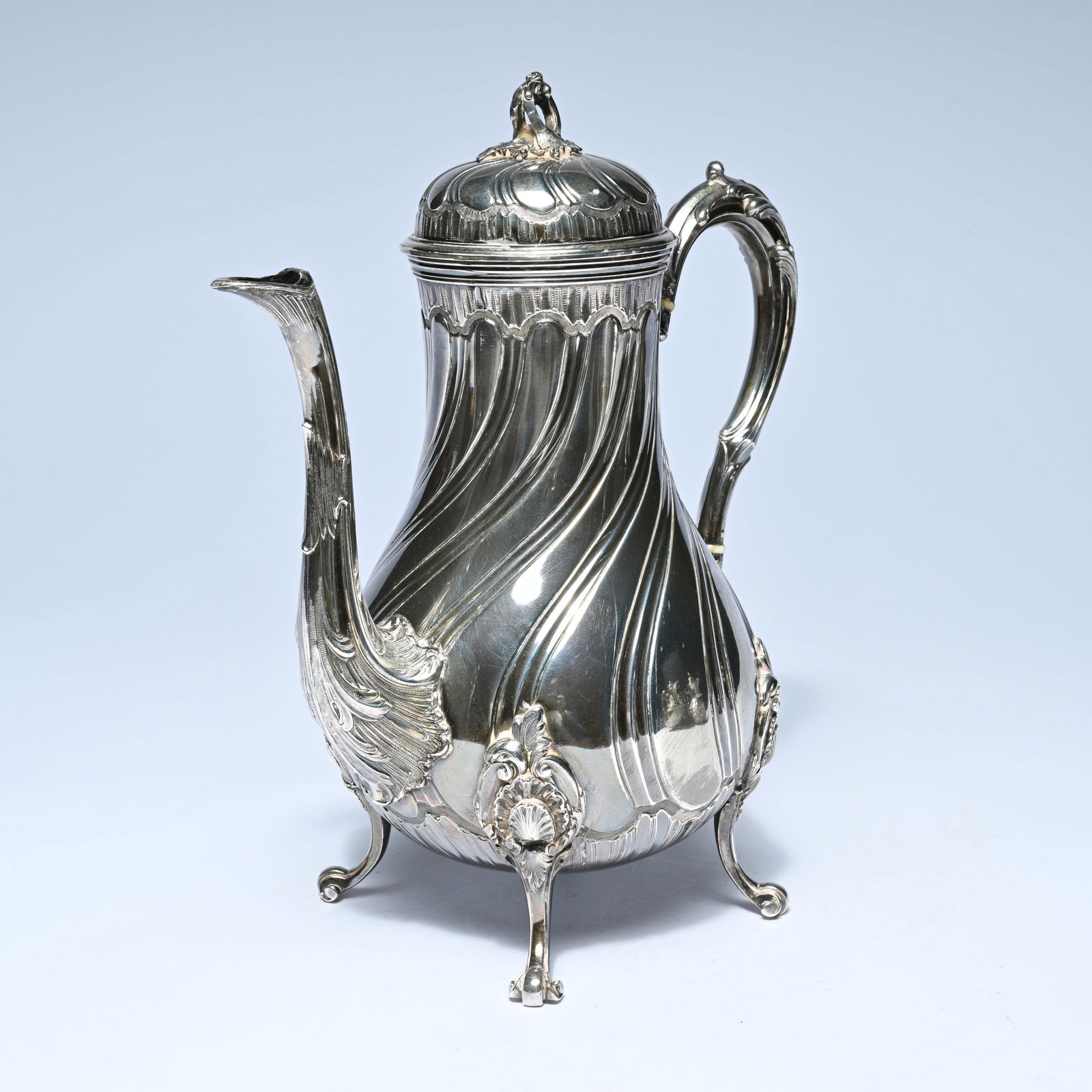 Silver coffee pot with a turned body, chiseled with rocaille and floral ornamentation, France ca. (1 of 9)